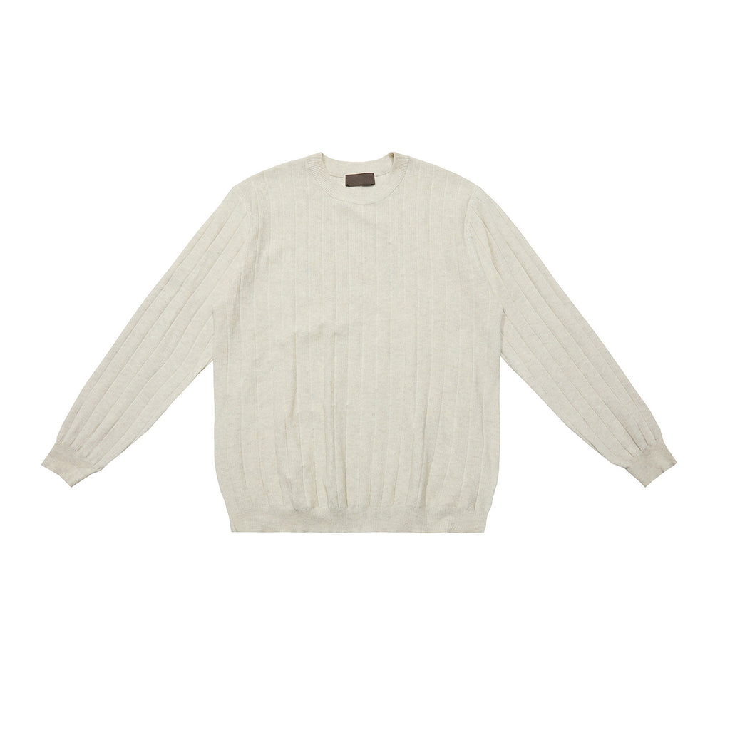 Cream ribbed crew neck sweater with long sleeves and wide knit rib texture