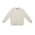 Cream ribbed crew neck sweater with long sleeves and wide knit rib texture