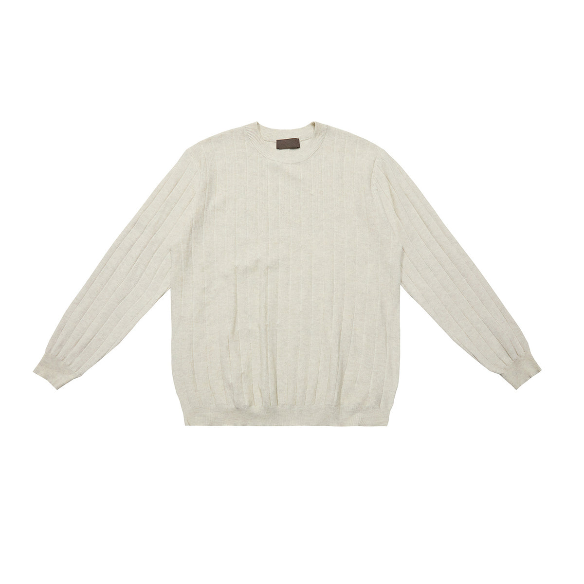 Cream ribbed crew neck sweater with long sleeves and wide knit rib texture