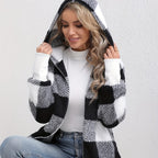 Women’s hooded buffalo-check sherpa jacket, black-and-white plaid fleece, front pockets