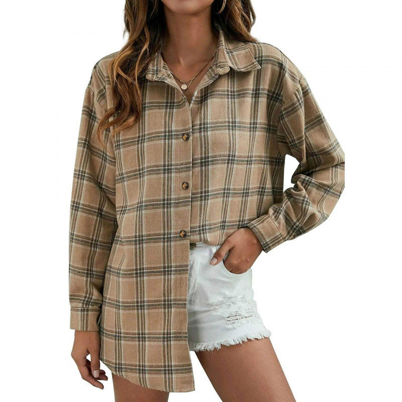 Plaid button-down shirt in tan and brown, oversized fit with front buttons