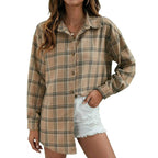 Plaid button-down shirt in tan and brown, oversized fit with front buttons