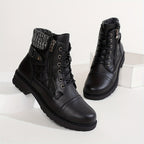 Women's black combat boots, lace-up front with knit sweater cuff and side zip