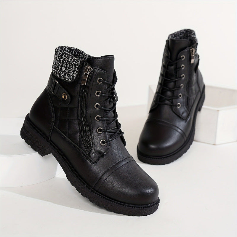 Women's black combat boots, lace-up front with knit sweater cuff and side zip