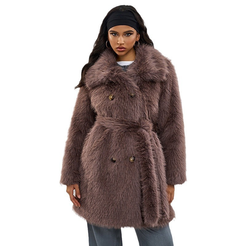 Taupe-brown shaggy faux fur coat, wide collar, double-breasted buttons, waist belt