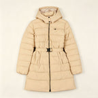 Women's long hooded belted quilted puffer coat, khaki with front zipper