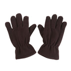 Brown fleece winter gloves with elastic gathered wrist cuffs and five-finger design