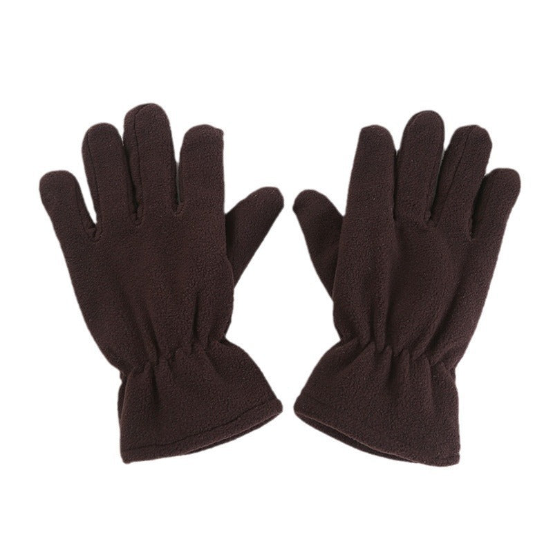 Brown fleece winter gloves with elastic gathered wrist cuffs and five-finger design