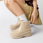 Women's beige glossy ankle rain boots, chunky platform pull-on style