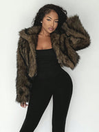 Olive-brown shaggy faux fur cropped jacket with large lapel, open front