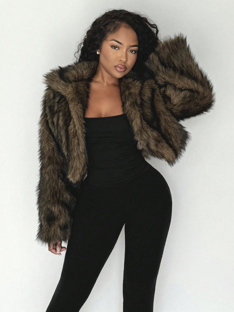 Olive-brown shaggy faux fur cropped jacket with large lapel, open front