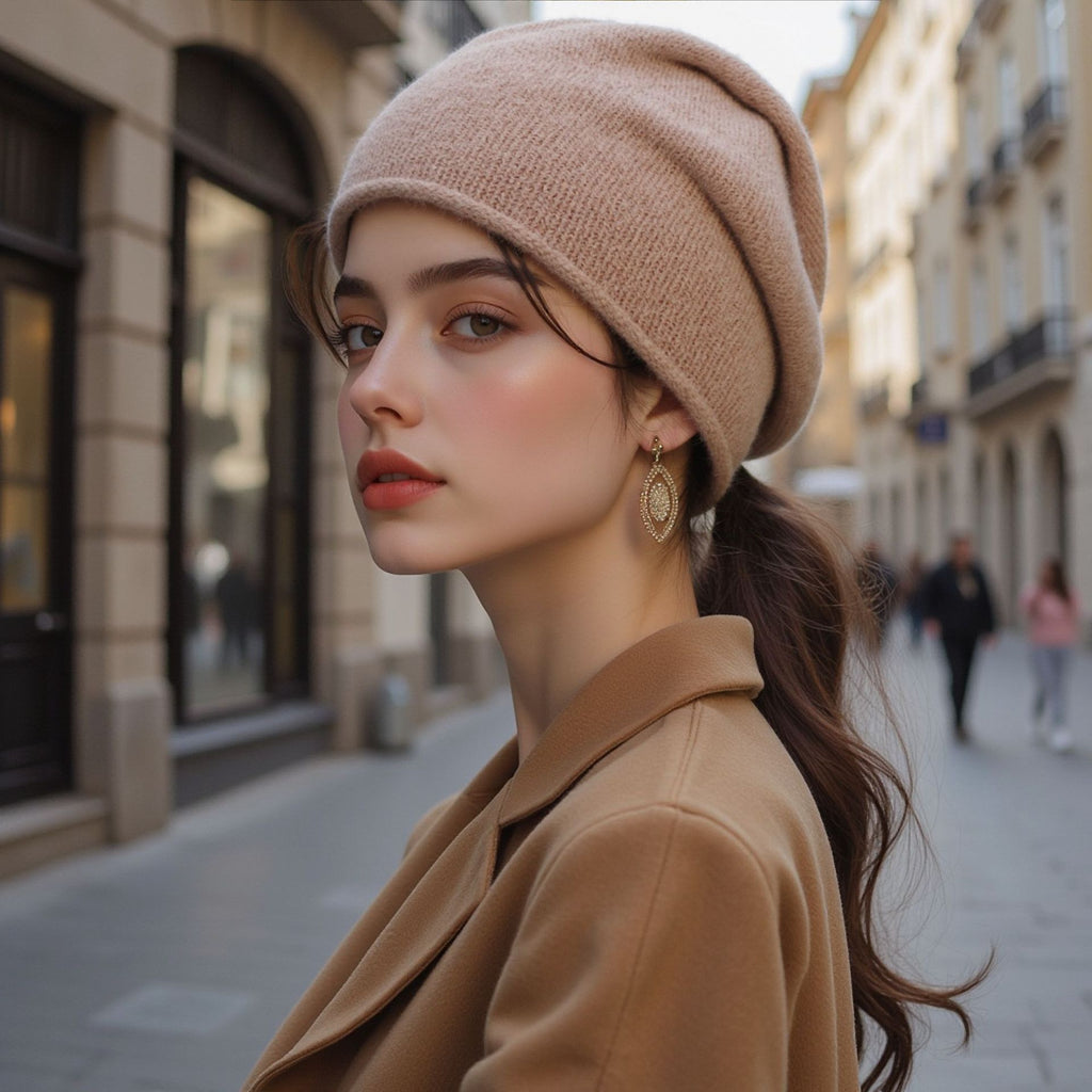 Women’s knitted beanie hat in light taupe, folded cuff and soft knit texture.