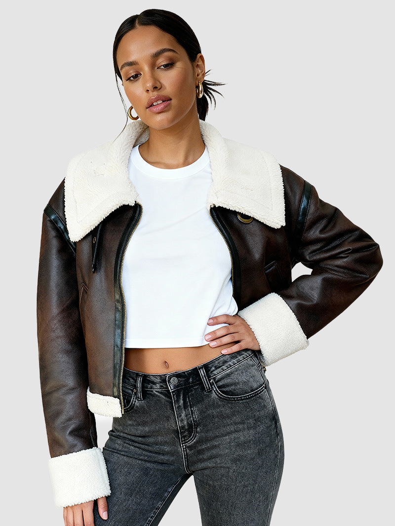 Women’s cropped aviator faux leather jacket with white sherpa collar and cuffs, dark brown