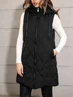 Black hooded quilted long puffer vest with front zipper and drawstring hood