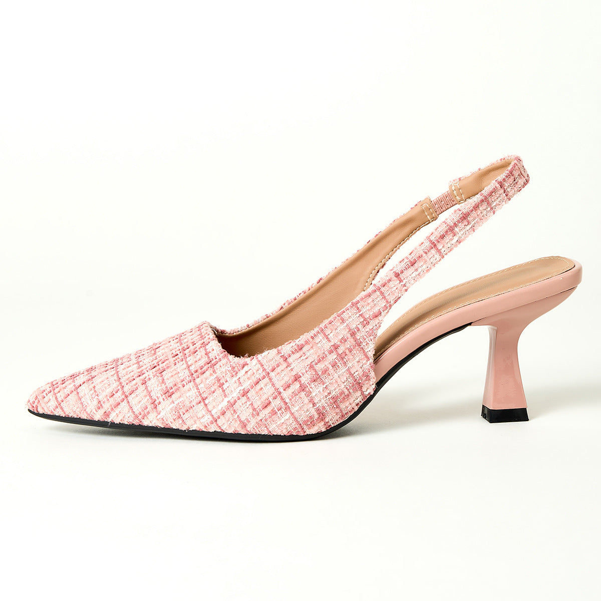 Pink tweed slingback pumps with pointed toe and flared heel