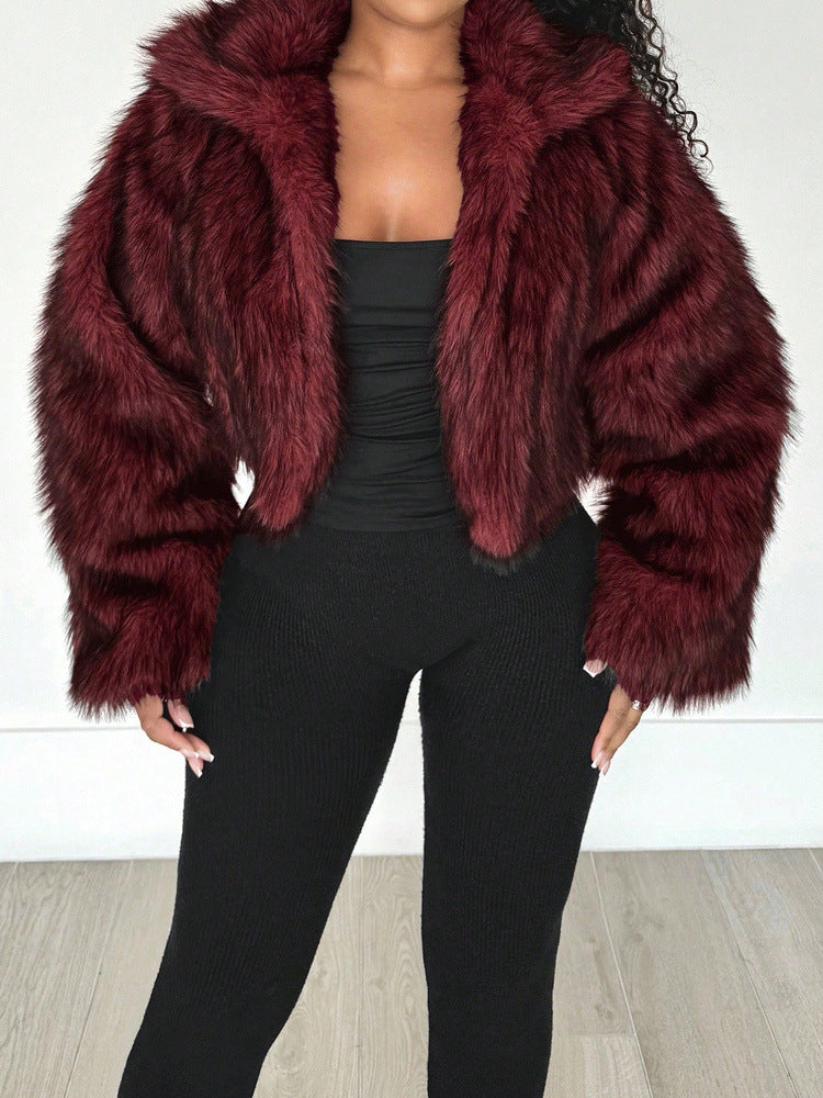 Burgundy shaggy faux fur cropped jacket with large lapel, open front