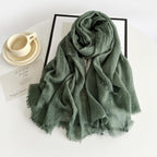 Women’s cotton scarf in army green, long crinkle gauze with frayed fringe ends