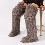 Taupe curly faux fur thigh-high boots with rounded toes