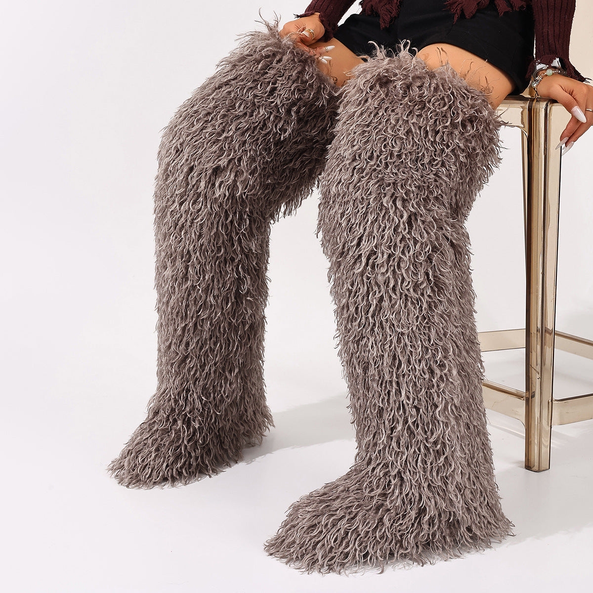 Taupe curly faux fur thigh-high boots with rounded toes