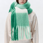 Plaid scarf in mint green and green with long fringed ends; fuzzy soft look