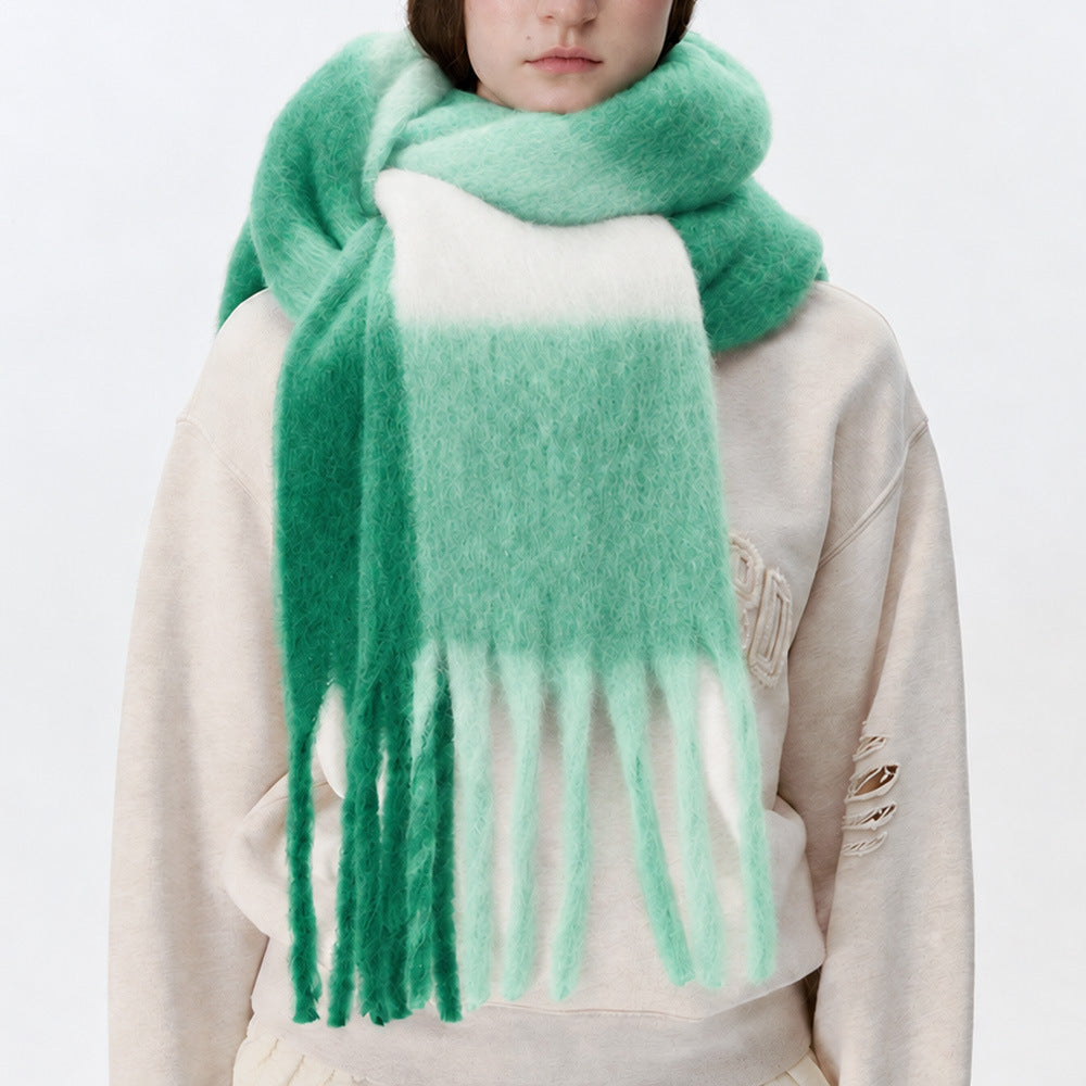 Plaid scarf in mint green and green with long fringed ends; fuzzy soft look