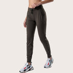 Women’s dark gray slim-fit performance jogger pants with drawstring waist and ankle cuffs