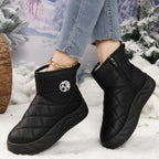 Quilted fleece-lined platform ankle boots, black faux leather, side zip, logo patch, chain