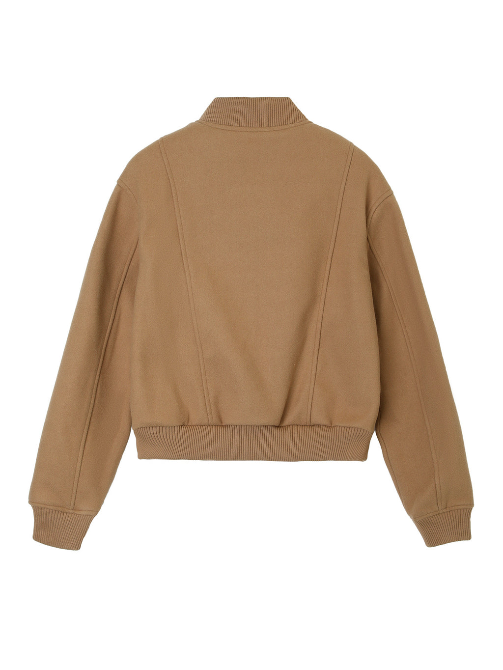 Back view of brown cropped bomber jacket with ribbed hem and sleeve cuffs