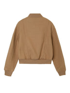 Back view of brown cropped bomber jacket with ribbed hem and sleeve cuffs