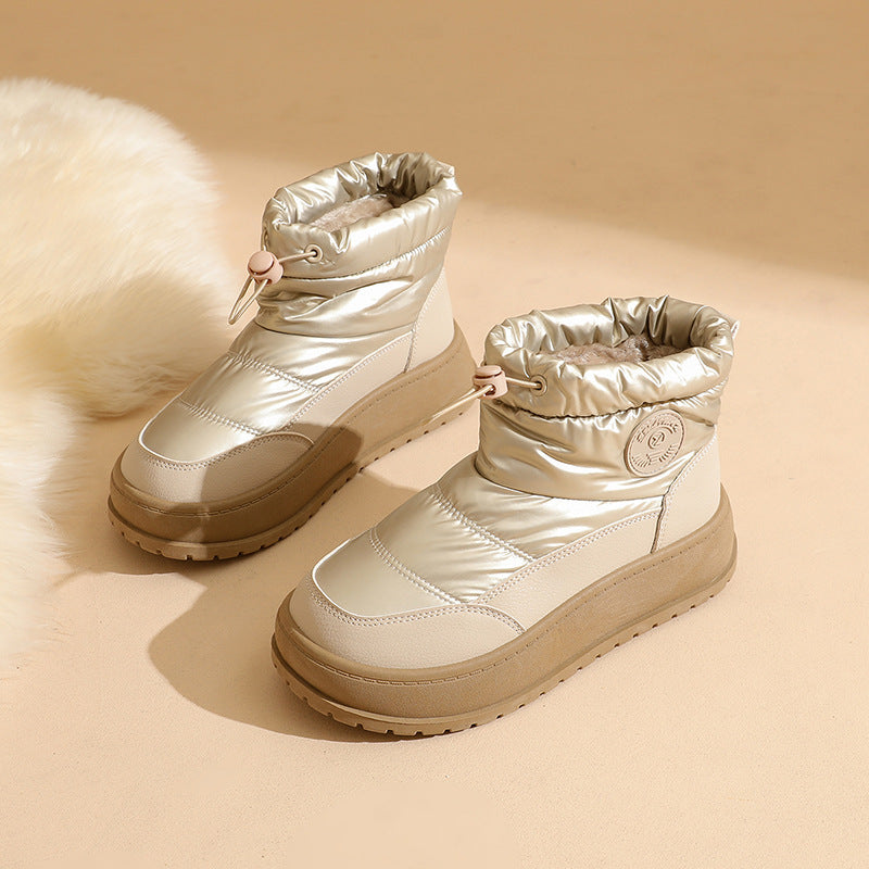 Khaki snow boots with lace-up drawstring and padded cuff, chunky rubber sole