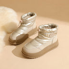 Khaki snow boots with lace-up drawstring and padded cuff, chunky rubber sole