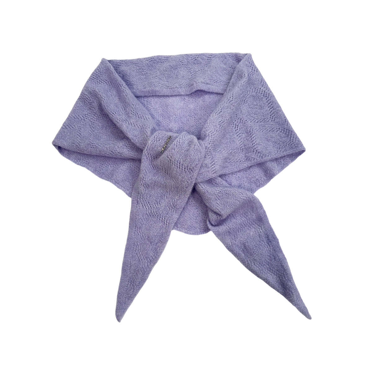 Light purple knit triangle scarf with openwork pattern and pointed ends