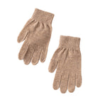 Pair of camel knit gloves showing soft texture and ribbed cuffs