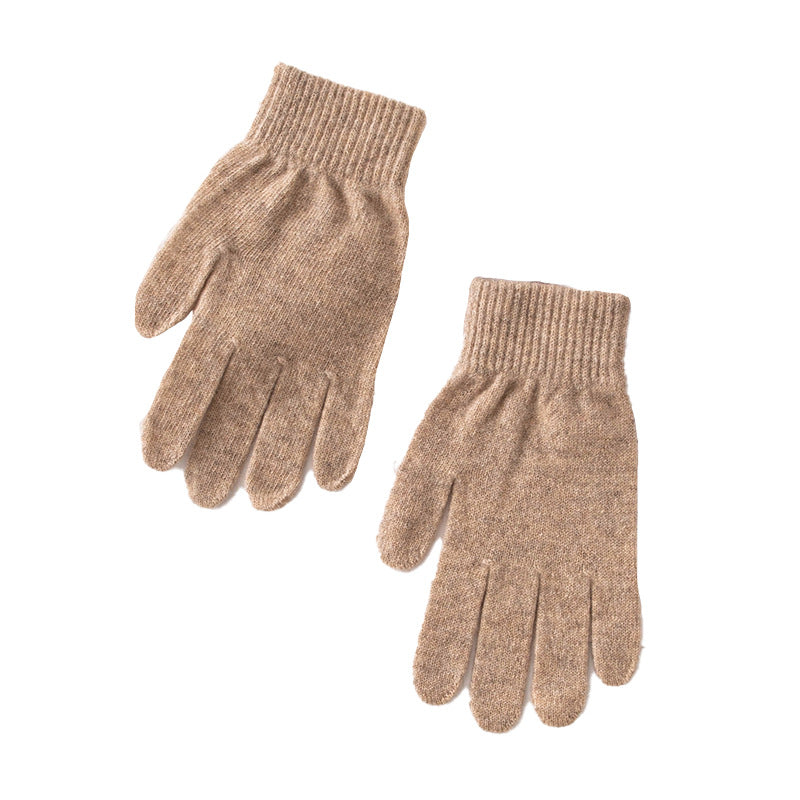 Pair of camel knit gloves showing soft texture and ribbed cuffs