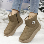 Quilted fleece-lined platform ankle boots, khaki, side-zip style with logo patch