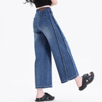 Blue high-waisted wide-leg jeans with side seam stitching and relaxed straight legs