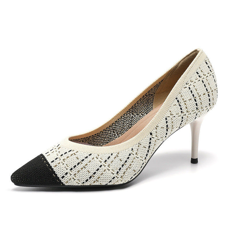 Women’s off-white lace-knit stiletto pumps with pointed toe and thin heel.