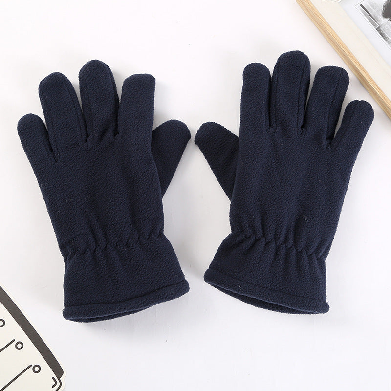 Navy blue fleece winter gloves with elastic gathered wrist cuffs and five-finger design