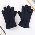 Navy blue fleece winter gloves with elastic gathered wrist cuffs and five-finger design
