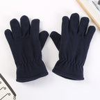 Navy blue fleece winter gloves with elastic gathered wrist cuffs and five-finger design
