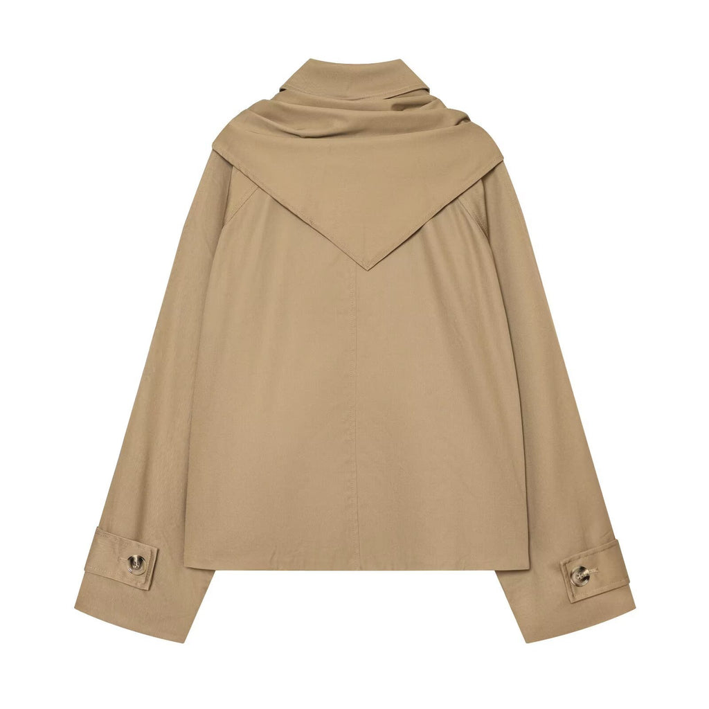 Khaki short trench coat with hood and back yoke seam details