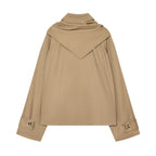 Khaki short trench coat with hood and back yoke seam details