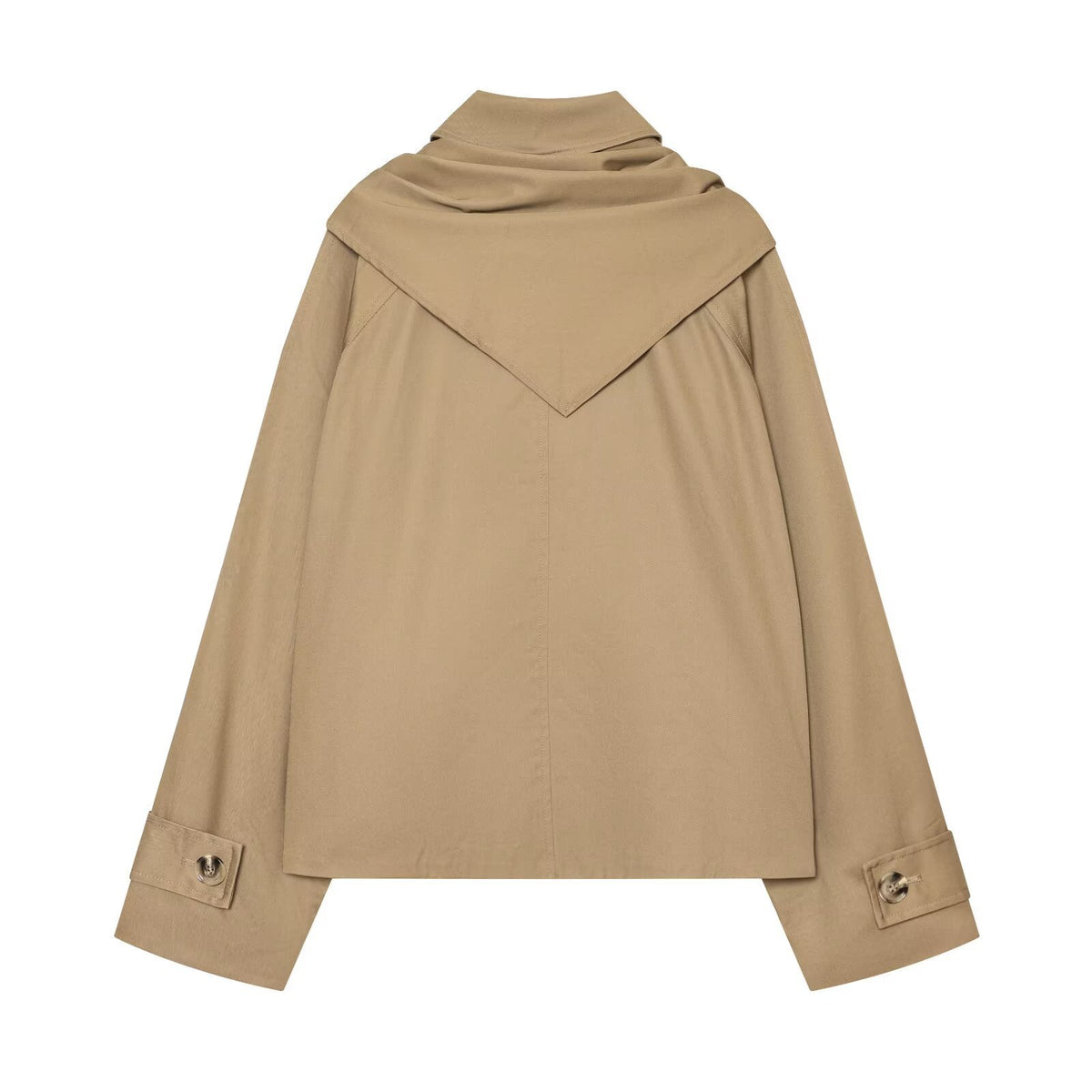 Khaki short trench coat with hood and back yoke seam details