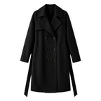 Double-breasted wool-blend overcoat, black, notched lapels, button front