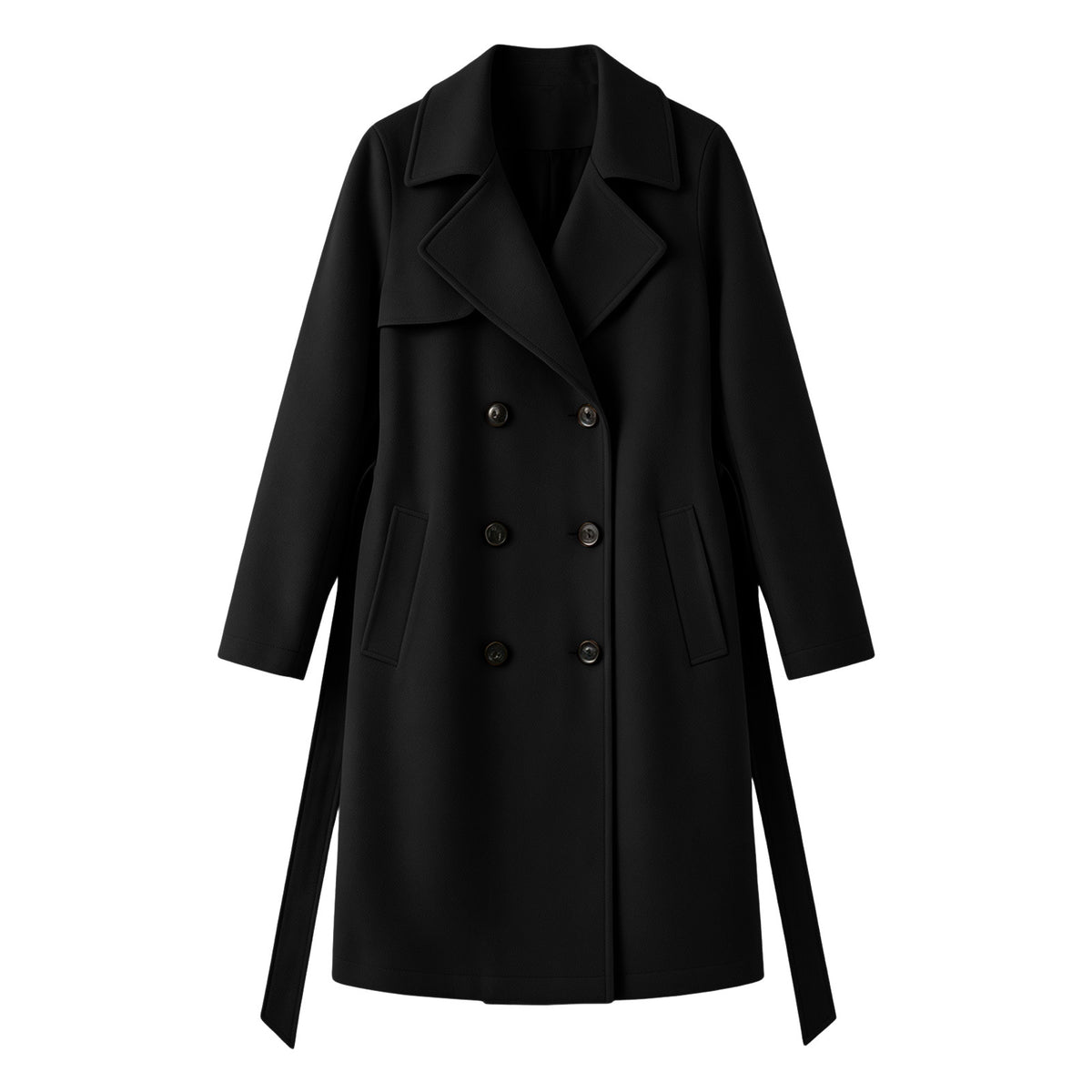 Double-breasted wool-blend overcoat, black, notched lapels, button front