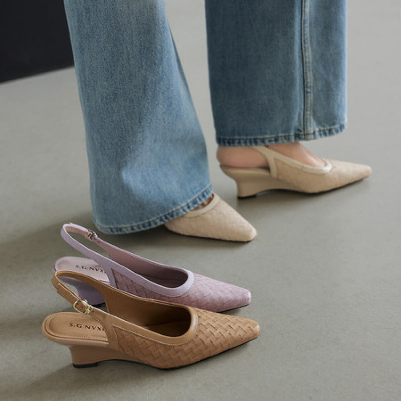 Camel woven slingback wedge pumps with pointed toe and heel strap