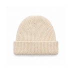 Speckled cream rib-knit beanie with a wide folded cuff.