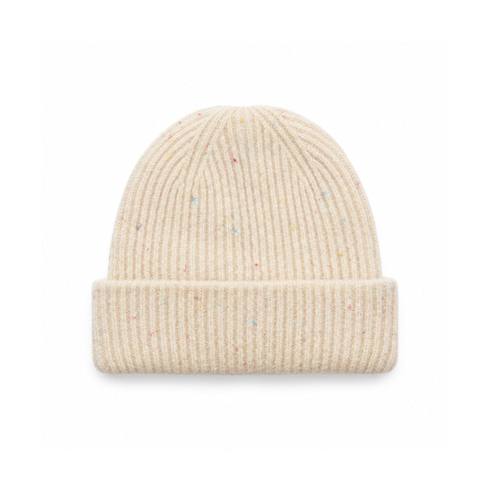 Speckled cream rib-knit beanie with a wide folded cuff.