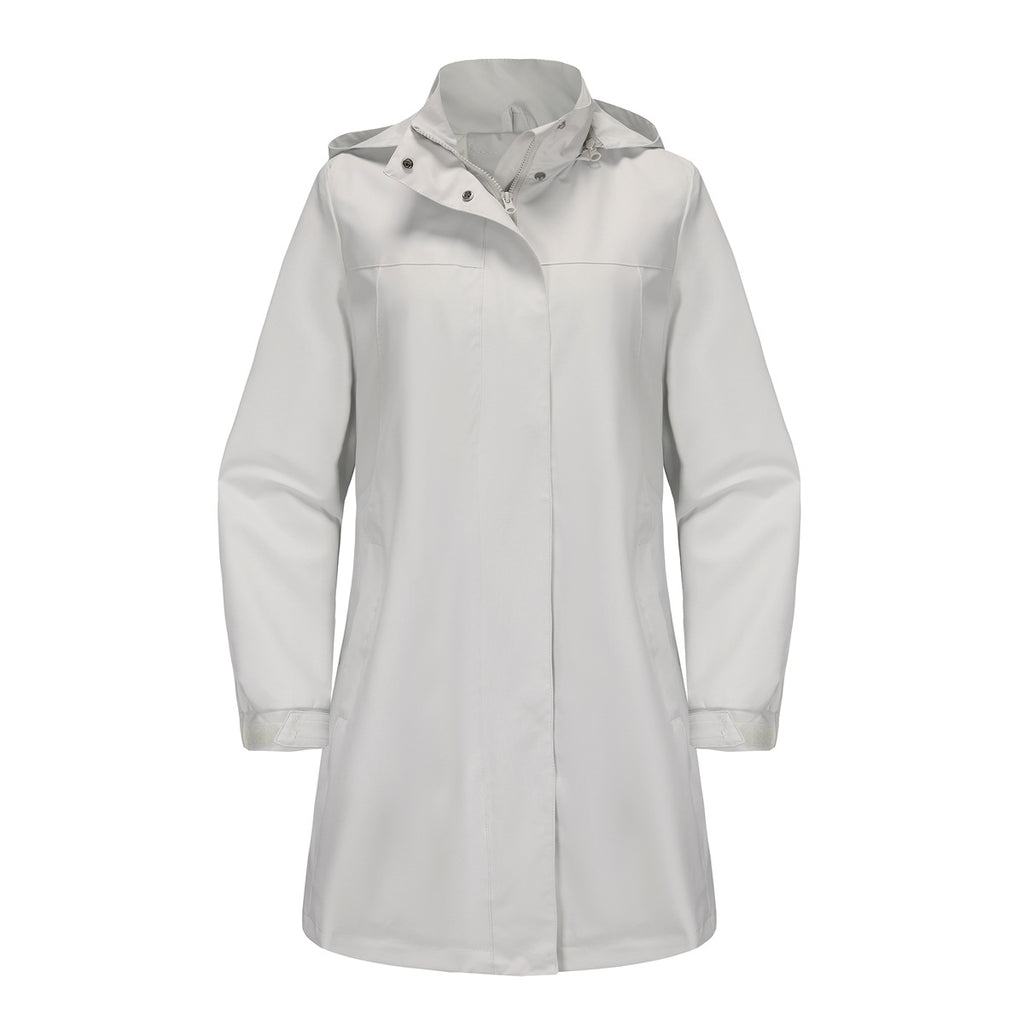 Light gray hooded long rain jacket with front zipper and snap button storm flap.