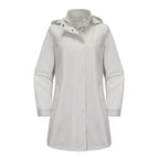 Light gray hooded long rain jacket with front zipper and snap button storm flap.